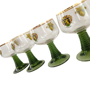 Lot of 4 VTG Heidelberg Germany Goblets Green Stem Gold Rim Crest Wine Glasses